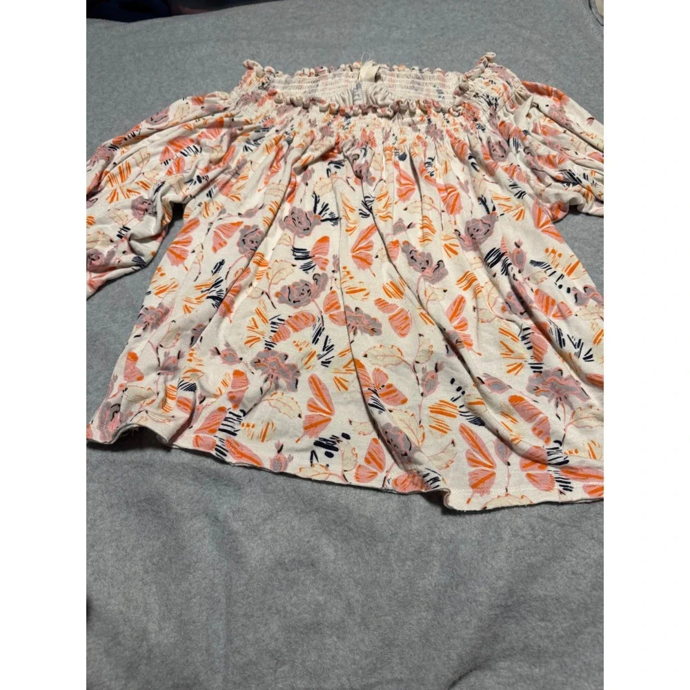 We The Free Free People Floral Smocked Off The Shoulder Long Sleeve Top Orange M